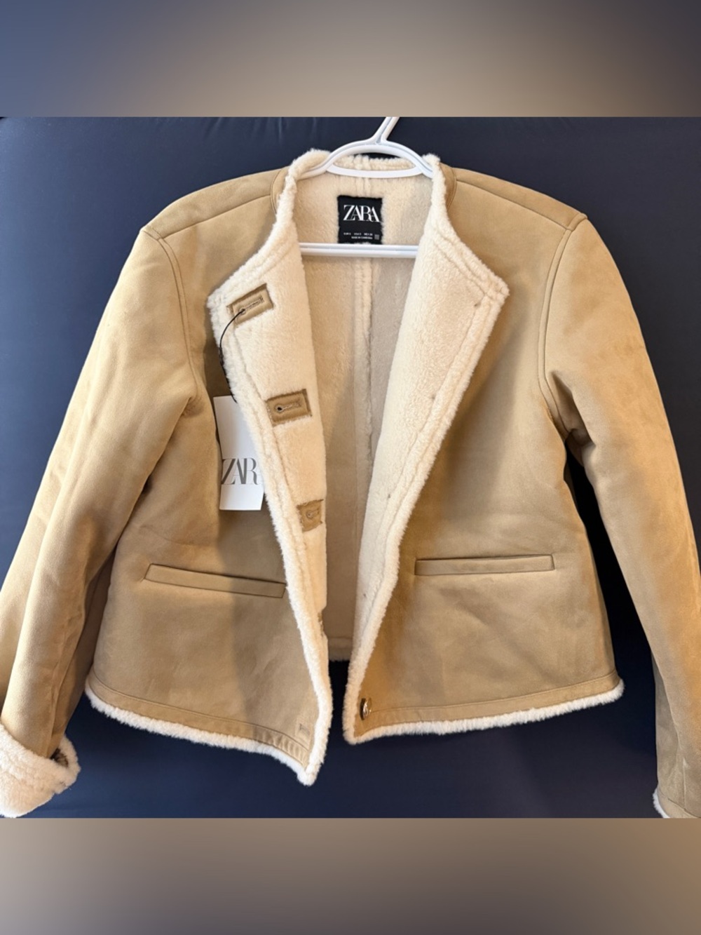ZARA Tan Faux-Suede Shearling Jacket with Cream Lining
